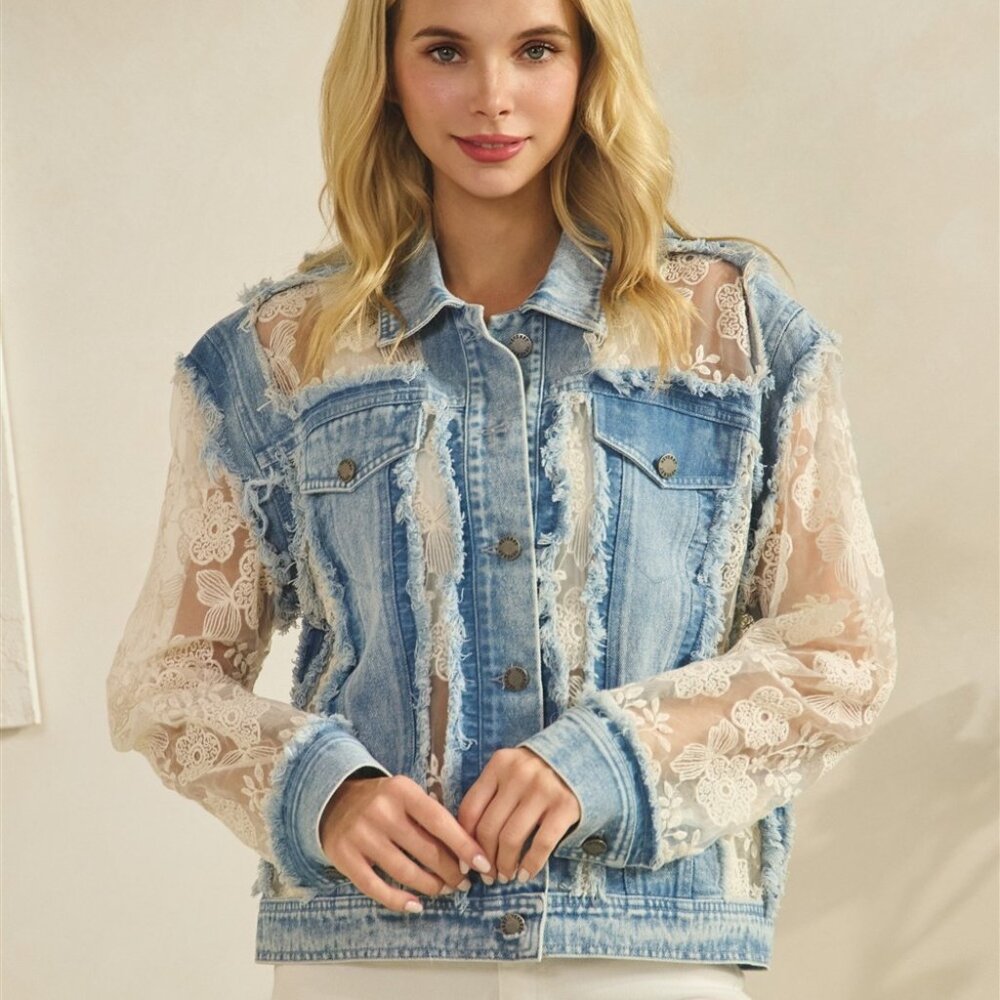 new VEVERET denim jean jacket Floral Organza accents SM-LG unique custom made